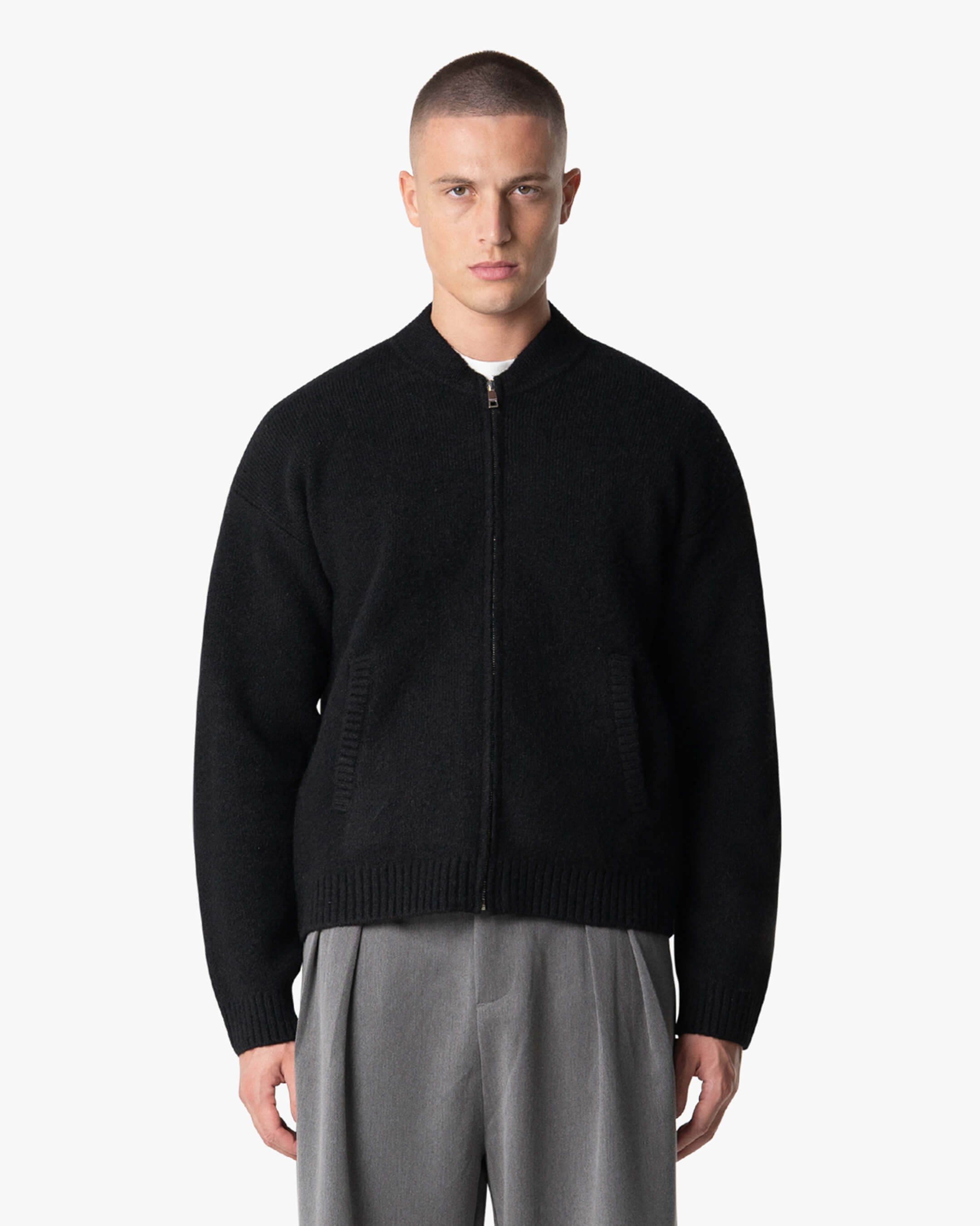Signore Gebürsteter Strickjacke mit Reißverschluss – Schwarz
