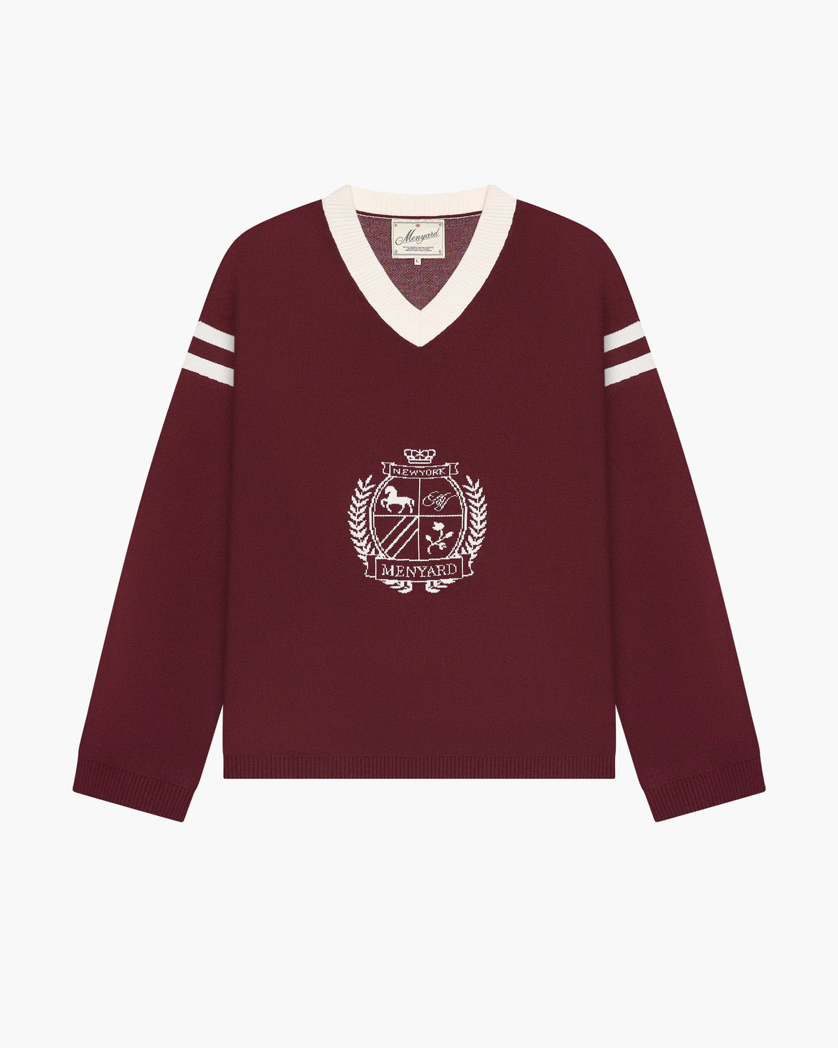 Badge V-Neck Knit | Burgundy flatlay